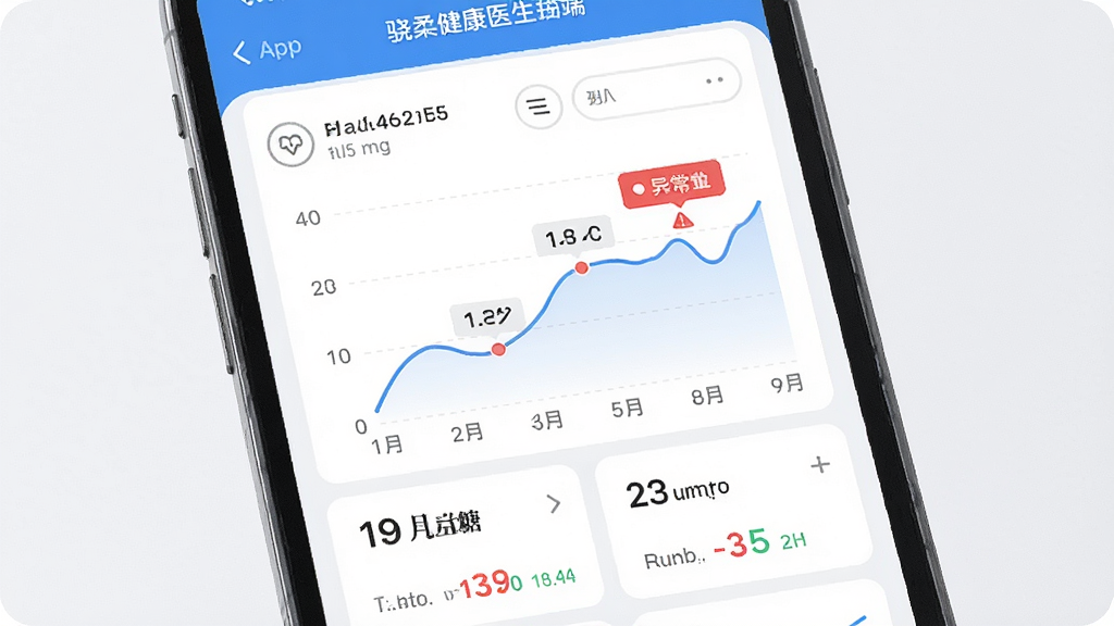 骁柔健康医生端APP健康数据趋势图界面,画面为手机屏幕内的折线图与指标卡片,主体为手机与数据图表,布局居中展示图表区域,排版简洁,风格为数据可视化医疗风,细节包括血压血糖数值标签、异常提醒红点、时间筛选栏,画质高清,干净无多余元素