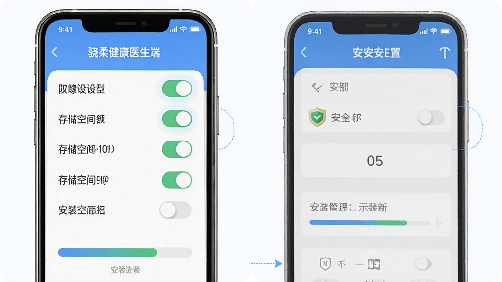 骁柔健康医生端APP安装设置与权限管理示意图,画面为手机屏幕内的权限开关列表与安装进度条,主体为手机与设置界面,布局上下分步展示,排版清晰,风格为数码教程风,细节包括权限开关、存储空间提示、安全标识,画质高清,干净无多余元素