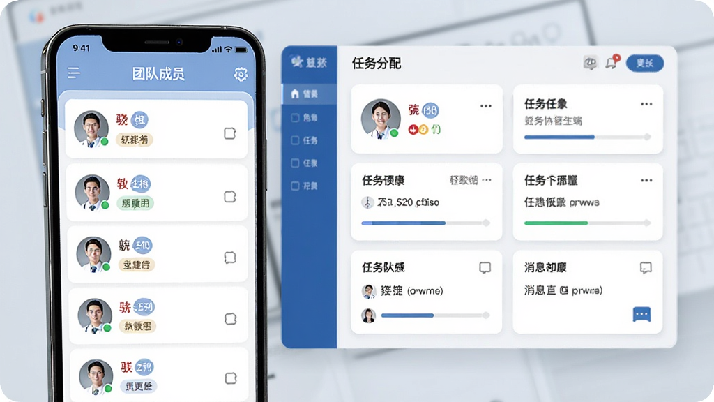 骁柔健康医生端APP团队协作管理界面,画面展示手机屏幕内的团队成员列表与任务分配面板,主体为手机与团队看板,布局分区块展示成员头像与任务卡片,排版规整,风格为商务医疗协作风,细节包括角色标签、任务进度条、消息入口,画质清晰,干净无多余元素