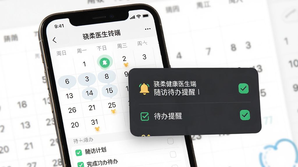 骁柔健康医生端APP随访待办提醒界面,画面展示手机屏幕内的日历式随访计划与待办清单,主体为手机与提醒弹窗,布局上下结构,排版突出待办事项,风格为效率工具风,细节包括日历标记、铃铛图标、完成勾选,画质清晰,干净无多余元素