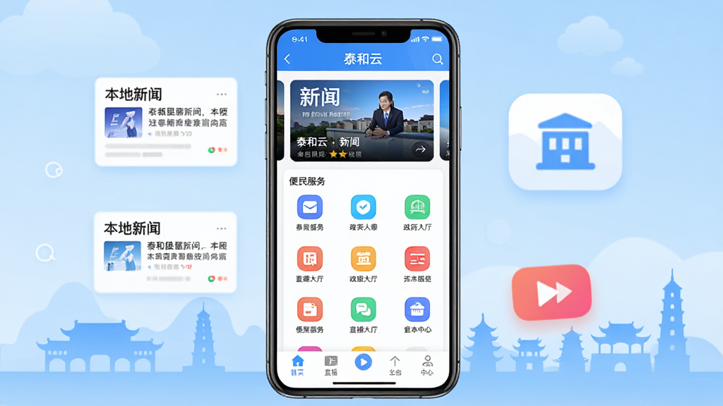 画面中央一部竖直放置的智能手机,屏幕内展示“泰和云”应用主界面,上方为新闻轮播图,中部为便民服务九宫格图标,底部为直播与个人中心导航栏;手机两侧漂浮着本地新闻卡片、政务大厅图标和直播播放按钮;背景为浅蓝色渐变,带有泰和县城地标剪影;整体采用扁平化UI设计风格,界面干净整洁,配色以蓝白为主,细节清晰,画质高清,无多余装饰元素