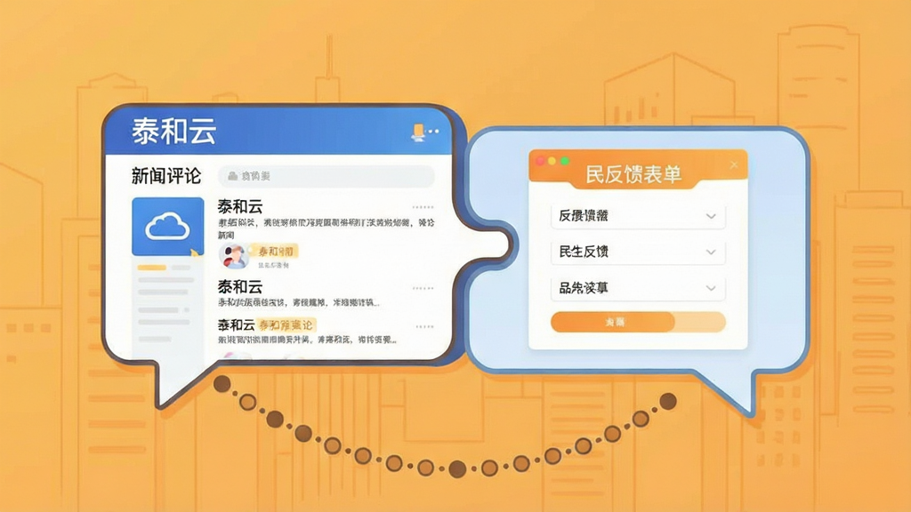 画面中央为两块相互连接的对话气泡,左侧气泡内展示“泰和云”新闻评论界面,右侧气泡内展示民生反馈表单页面;气泡下方有一条由小圆点连接成的弧线,象征用户与平台之间的沟通链路;背景为温暖的橙黄色调,带有轻微的城市建筑轮廓线稿;风格为扁平化信息图插画,构图均衡,文字清晰,画质干净,无冗余装饰