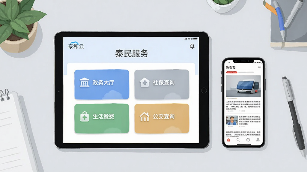 画面主体为一部横放的平板电脑与一部手机并排展示,平板屏幕内呈现“泰和云”便民服务页面,包含政务大厅、社保查询、生活缴费、公交查询四个功能卡片;手机屏幕展示新闻详情页;背景为浅灰色办公桌面,点缀少量绿植与文具;采用清新简约的插画风格,色彩柔和,排版整齐,画质细腻,干净无杂乱元素