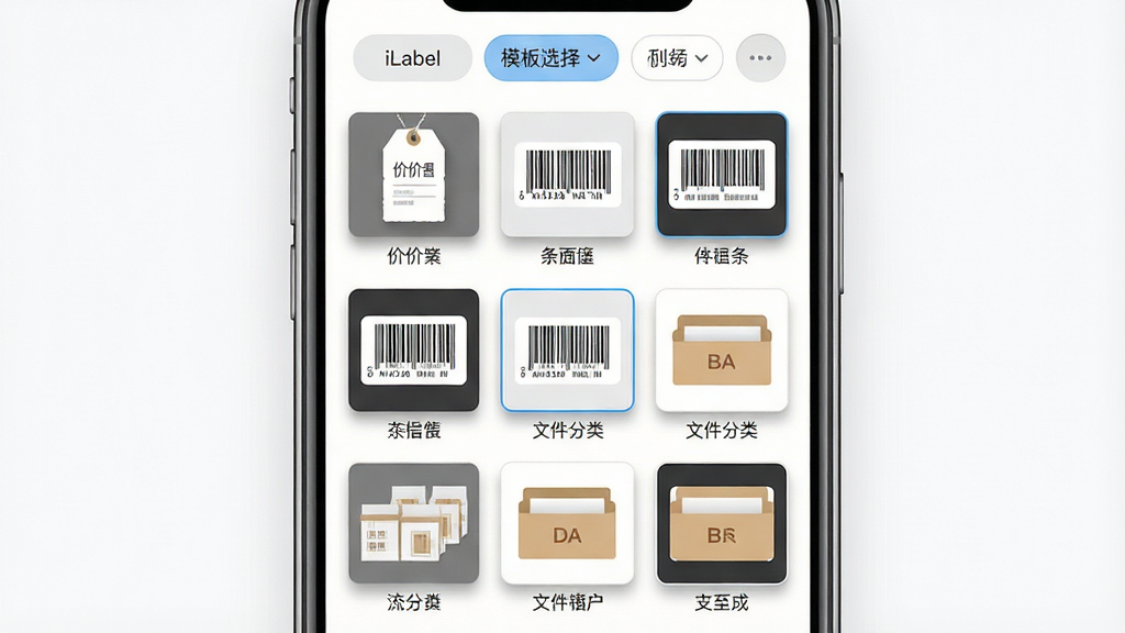 一张iLabel软件模板选择界面的示意图,画面主体为手机屏幕特写,屏幕上以网格形式排列多张标签模板缩略图,包含价签、条码标签、文件分类标签等不同样式,每张缩略图下方标注模板名称,屏幕上方有分类筛选标签栏,布局为居中特写构图,风格为干净的UI界面展示风,细节包含缩略图边框阴影、选中态高亮,画质清晰,画面干净,无多余元素
