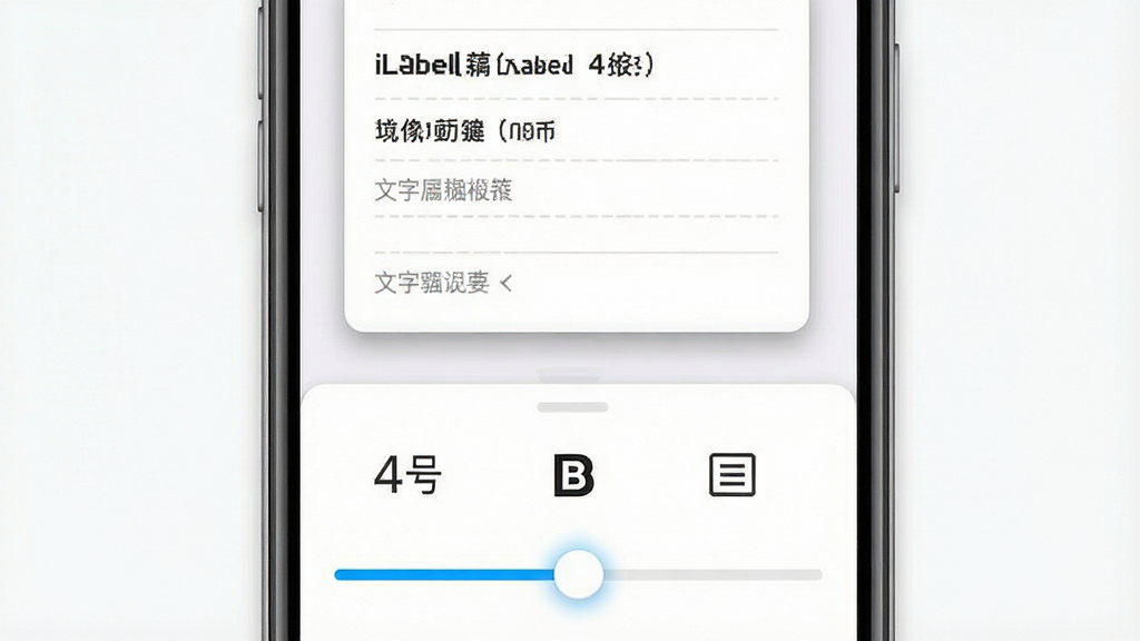 一张iLabel软件文字编辑功能的示意图,画面主体为手机屏幕,屏幕上半部分为标签预览区,显示多行文字与分隔线,下半部分为文字属性调节面板,包含字号、加粗、对齐图标,布局为上下分区构图,风格为清爽的移动应用界面风,细节包含预览区阴影、调节滑块高亮,画质清晰,画面干净,无多余元素