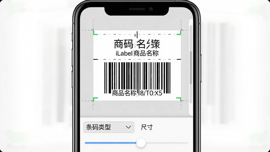 一张iLabel软件条码编辑界面的示意图,画面主体为手机屏幕,屏幕中央显示一张正在编辑的标签,标签上包含商品名称文字与下方一维条码,屏幕下方有条码类型选择与尺寸调节滑块,布局为正面特写,风格为简洁的工具软件界面展示风,细节包含条码黑白条纹清晰度、文字对齐线,画质清晰,画面干净,无多余元素
