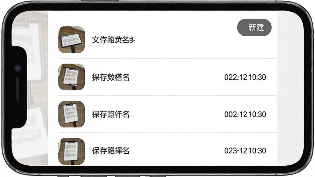 一张iLabel软件标签记录列表界面的示意图,画面主体为手机屏幕,屏幕上以列表形式展示已保存的标签记录,每条记录包含标签缩略图、名称与保存时间,屏幕右上角有新建按钮,布局为居中展示,风格为简约的移动端列表界面风,细节包含列表分隔线、缩略图圆角,画质清晰,画面干净,无多余元素