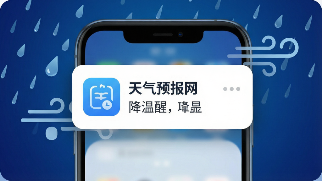 画面中央为一部手机弹出通知卡片的特写,卡片上显示“天气预报网”图标与降温提醒文字,卡片周围环绕雨滴与风纹装饰元素;背景为深蓝色渐变,布局为卡片居中、元素环绕,风格醒目友好,细节包括卡片圆角与柔和投影,画质清晰干净,无多余元素
