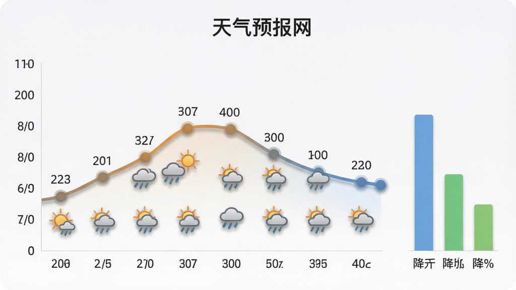 画面展示一块横向延展的天气趋势图,左侧为日期轴,中部为温度曲线与天气图标交替排列,右侧为降水概率柱状条;背景为浅灰白色,布局为图表居中、留白充足,风格数据可视化,细节包括曲线节点的圆点标记与图标阴影,画质清晰干净,无多余元素,图表上方标注“天气预报网”
