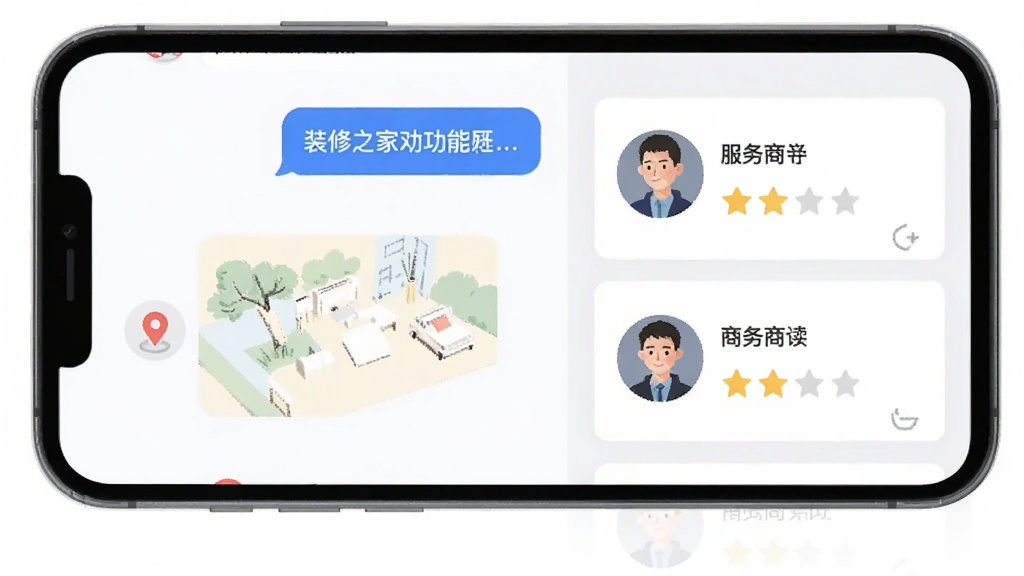 装修之家需求对接功能展示,画面为手机屏幕显示聊天对话框与商家卡片列表,布局左侧为需求描述右侧为服务商头像与评分,风格为现代扁平化社交界面插画,细节包含定位图标与对话气泡,画质清晰干净,无多余元素