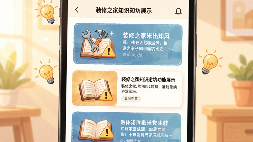 装修之家知识避坑功能展示,画面为手机屏幕显示装修知识文章列表,文章封面带有工具与警示图标,布局上下滚动式排列,风格为温暖明亮的知识科普插画,细节包含书本与灯泡元素,画质清晰干净,无多余元素