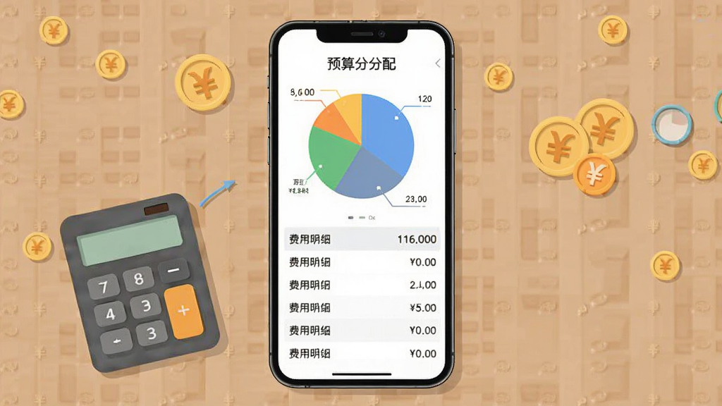 装修之家报价参考功能展示,画面为手机界面显示预算分配饼状图与费用明细列表,布局上方为图表下方为条目,风格为简洁商务风数据可视化插画,细节包含计算器与人民币符号,画质清晰干净,无多余元素