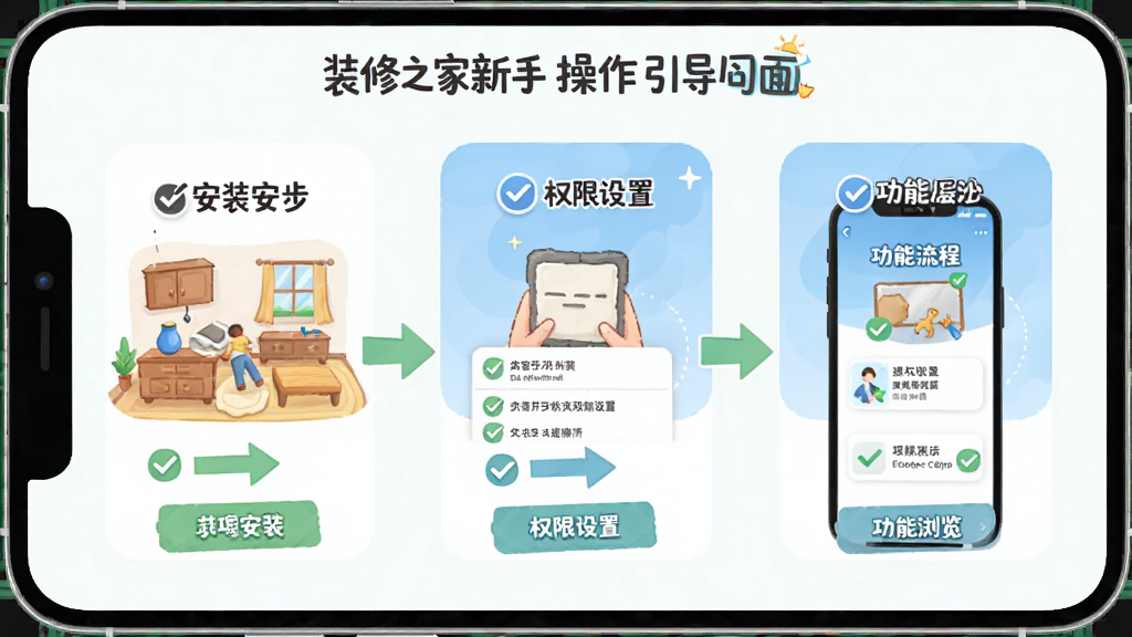 装修之家新手操作引导界面展示,画面为手机屏幕分步骤显示安装、权限设置与功能浏览流程,布局采用三步骤横向排列,风格为轻松明快的教程插画,细节包含勾选图标与箭头指引,画质清晰干净,无多余元素