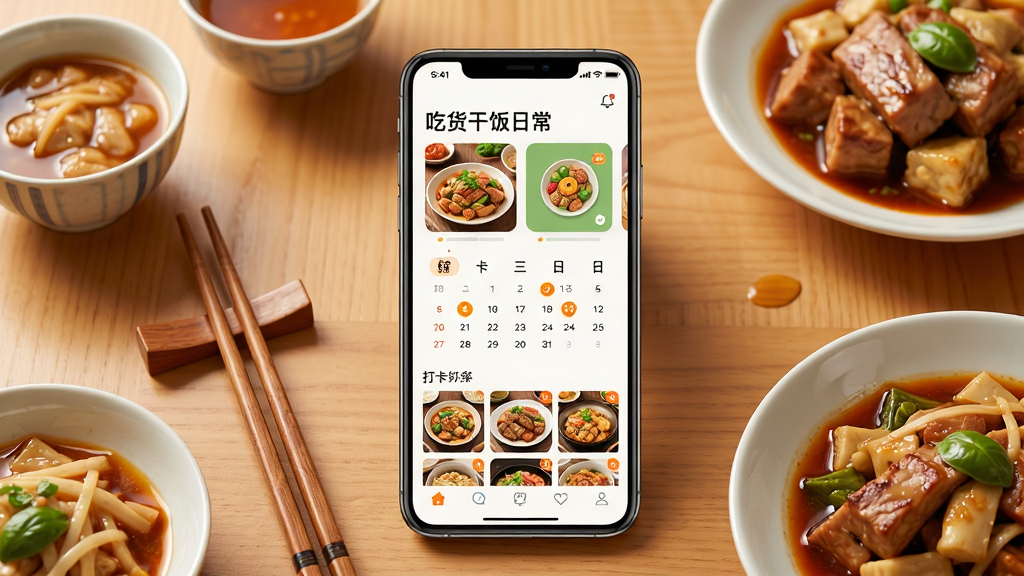 画面中央是一部智能手机,屏幕上显示“吃货干饭日常”应用主界面,界面中有美食卡片、打卡日历和菜品照片墙,手机周围摆放着筷子、小碗和几道家常菜,背景是温暖木质餐桌,整体布局左中右均衡,风格清新写实,细节包括食物光泽、界面图标清晰,画质高清干净,无多余元素