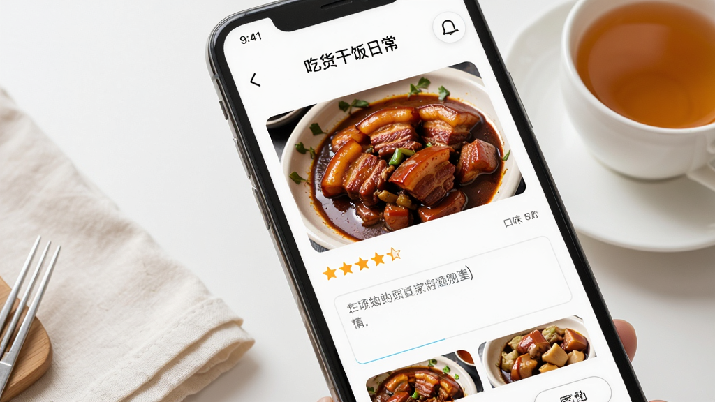 手机屏幕特写,显示“吃货干饭日常”的记录编辑页面,页面中有刚拍摄的红烧肉照片、口味星级和文字输入框,旁边放着一杯茶和餐巾,布局居中偏右,风格简洁明亮,细节体现界面按钮和照片缩略图,画质清晰干净,无多余元素