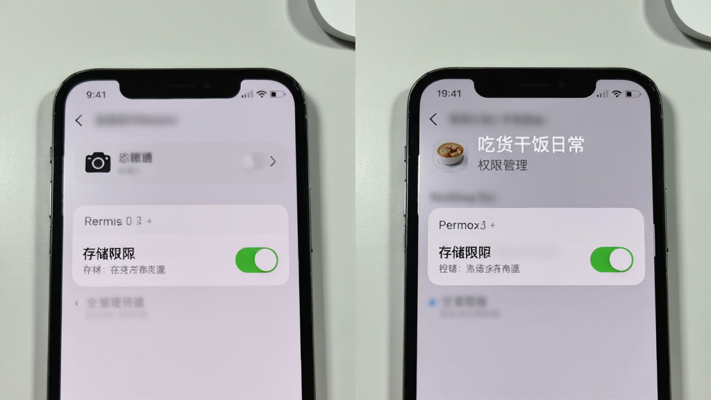 手机设置界面与“吃货干饭日常”权限管理页面并排展示,画面中有相机、存储权限开关的示意,背景为浅灰桌面,布局左右对照,风格写实清晰,细节包括权限开关状态和提示文字,画质干净无多余元素