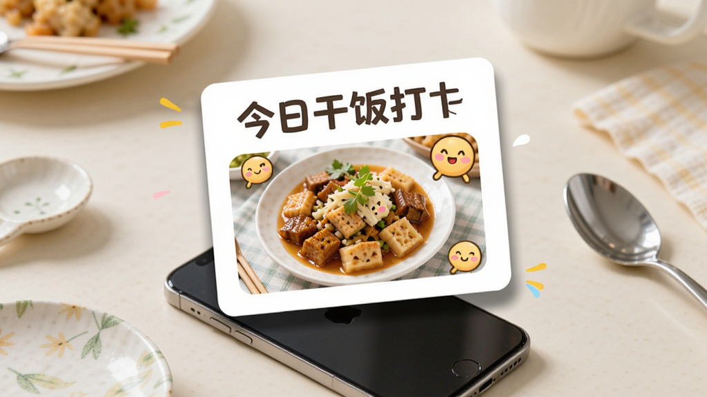 一张美食分享卡片悬浮在手机上方,卡片上写着“今日干饭打卡”并配有菜品照片和可爱表情,背景是浅色桌面与散落的餐具,布局上卡片居中、手机在下,风格活泼清新,细节包括卡片阴影和文字排版,画质高清干净,无多余元素