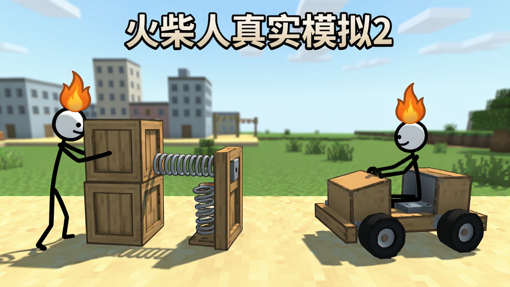 画面主体为一群火柴人在开放沙盒世界中互动,左侧火柴人正在搭建木箱与弹簧机关,右侧火柴人驾驶简易载具,背景为简约城市与草地场景,布局采用横向宽幅构图,排版上游戏名称“火柴人真实模拟2”置于画面上方居中位置,风格为扁平卡通简约风,细节包括火柴人线条流畅、道具轮廓清晰、地面阴影自然,画质清晰干净,无多余元素