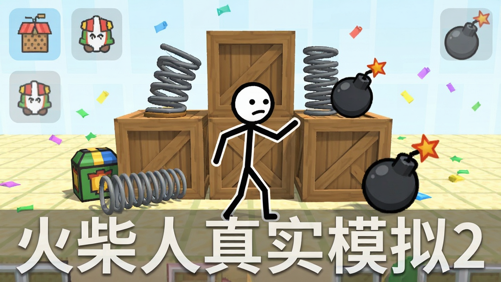 画面主体为火柴人站在堆满木箱、弹簧与炸弹的沙盒场景中央,布局采用中心聚焦构图,排版上软件名称“火柴人真实模拟2”以半透明字样置于画面底部,风格为明快卡通扁平风,细节包括各类道具图标清晰可辨、火柴人姿态生动、背景为浅色网格地面,画质干净清晰,无多余元素