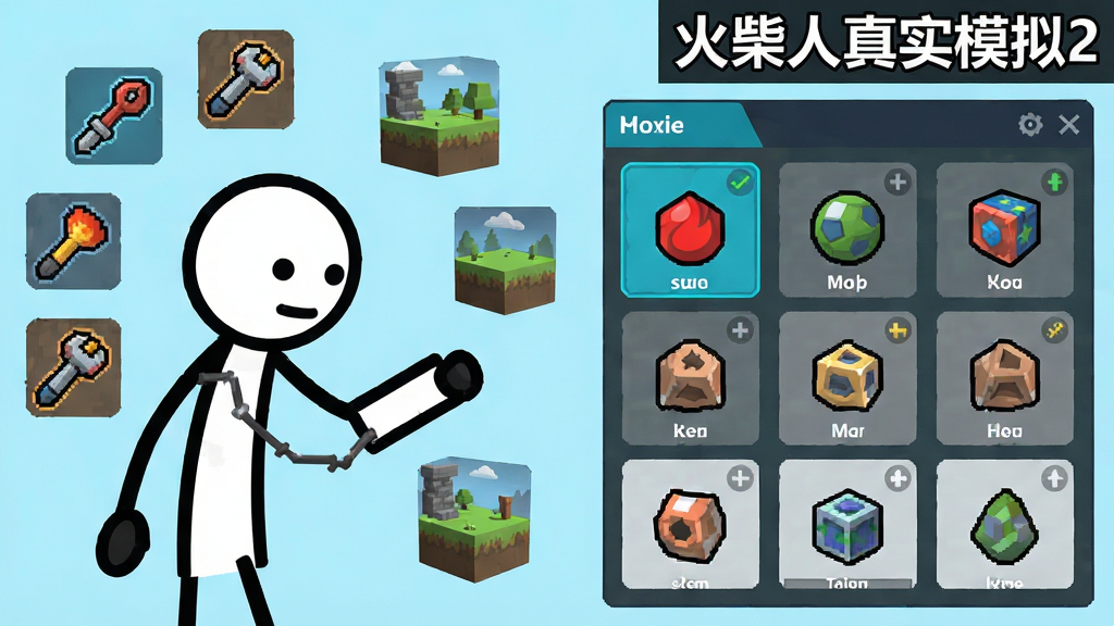 画面主体为火柴人正在操作一个模组加载界面,周围漂浮着各种道具图标与场景元素,布局采用左右分栏构图,左侧为火柴人角色,右侧为模组选择面板,排版上软件名称“火柴人真实模拟2”置于画面右上角,风格为科技感卡通扁平风,细节包括图标色彩鲜明、界面元素简洁、火柴人动作自然,画质清晰干净,无多余元素