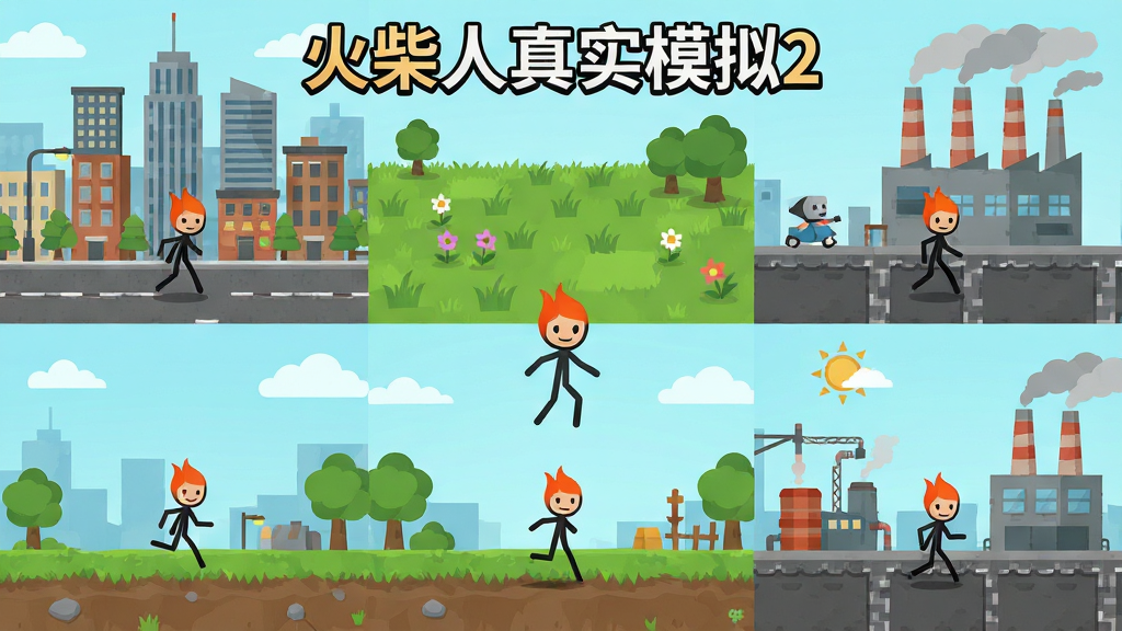画面主体为火柴人在多个不同场景地图中穿梭,包括城市、草地、工厂等,布局采用网格拼接构图展示多个场景,排版上软件名称“火柴人真实模拟2”置于画面中央上方,风格为清新卡通扁平风,细节包括各场景元素丰富、火柴人形象统一、色彩搭配协调,画质明亮干净,无多余元素