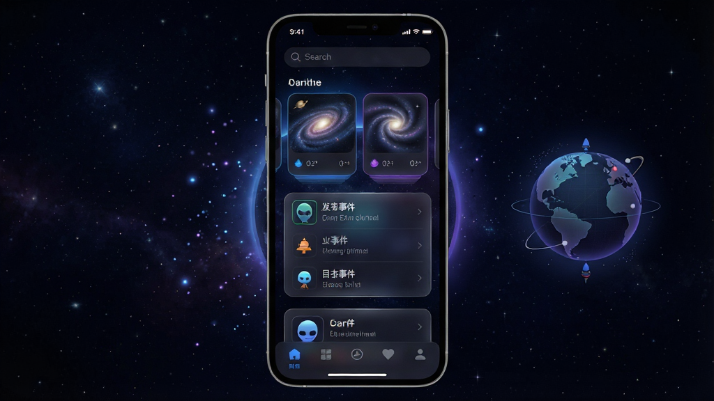 一张手机屏幕展示深色星空背景的宇宙探索类应用界面,画面中央是发觉外星人应用的主页面,包含星系卡片、目击事件列表和地球仪标记元素,整体布局上中下结构,顶部为搜索栏,中部为信息流卡片,底部为导航栏,风格为科技感深色UI搭配蓝紫色光晕,细节包含星点粒子、半透明玻璃拟态卡片和发光边框,画质高清,干净,无多余元素
