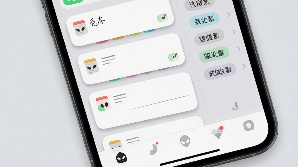 一张手机屏幕特写,展示发觉外星人应用的收藏夹页面,画面中有多个带笔记图标的卡片条目,右侧有标签分类侧边栏,底部为导航栏,布局为左右分栏结构,风格为柔和圆角卡片搭配浅灰底色,细节包含手写笔记图标、彩色标签和轻微投影,画质高清,干净,无多余元素
