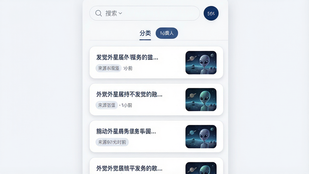 一张资讯列表页面的UI设计图,画面展示发觉外星人应用的热点频道,列表项包含标题、来源标签、时间戳和缩略图,顶部有搜索框与分类切换标签,布局为垂直卡片流,风格为清爽浅色主题搭配深蓝强调色,细节包含圆角卡片、细分割线和轻阴影,画质清晰,干净,无多余元素