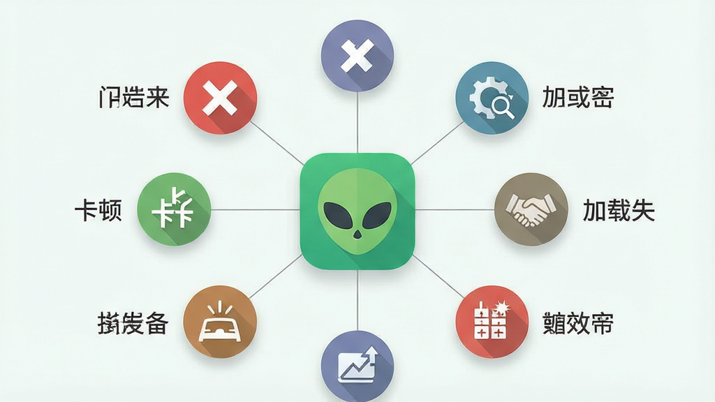 一张手机应用问题排查示意图,画面以发觉外星人应用图标为中心,四周环绕多个故障图标如闪退、卡顿、加载失败等,每个图标旁配有简短文字标签,布局为放射状结构,风格为扁平化信息图搭配浅色背景,细节包含细线连接、圆形图标和柔和阴影,画质清晰,干净,无多余元素
