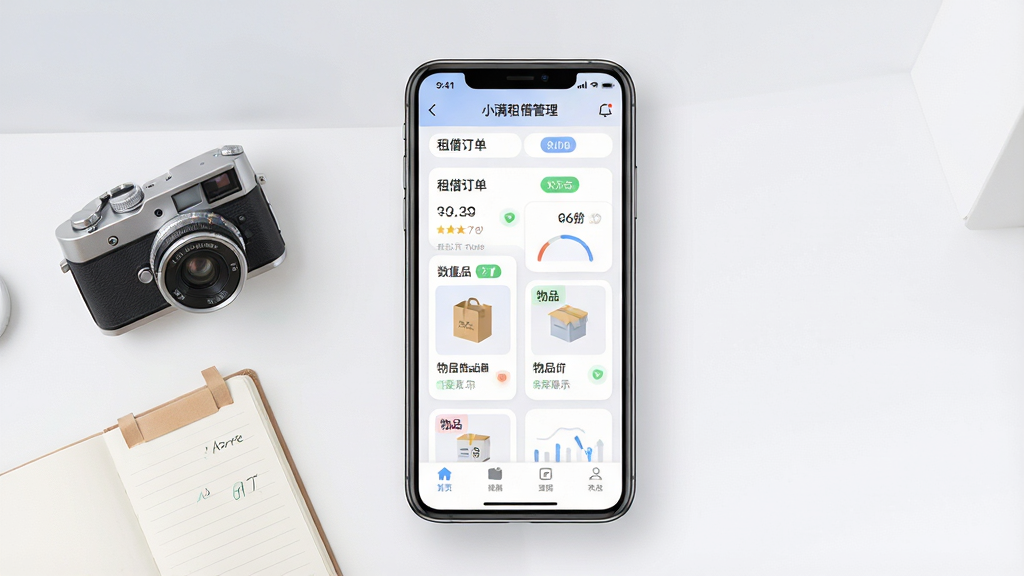 一张手机屏幕展示“小满租借管理”应用界面的产品展示图,画面中央是一部竖放的智能手机,屏幕内呈现租借订单列表与物品卡片布局,背景为浅灰与白色渐变的简洁桌面环境,画面左侧摆放一台小型相机和一本便签本作为租赁场景道具,整体采用干净清爽的扁平化产品视觉风格,细节上突出卡片圆角、状态标签与数据统计小模块,画质高清,画面干净,无多余元素