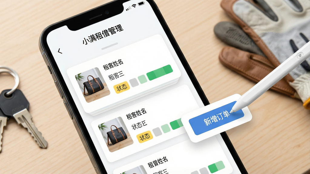 一张“小满租借管理”订单登记界面的功能展示图,画面主体为手机屏幕特写,屏幕内展示租借订单卡片列表,卡片上带有物品缩略图、租客姓名栏位与状态色块标签,屏幕右侧悬浮一支触控笔指向“新增订单”按钮,背景为浅木色桌面并放置一串钥匙与一副手套作为租赁道具点缀,风格为清爽的产品功能演示图,细节强调卡片层次与状态标签的对比,画质清晰,画面干净,无多余元素