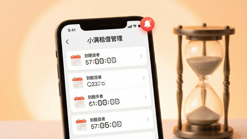 一张“小满租借管理”到期提醒界面的功能展示图,画面主体为手机屏幕,屏幕内展示提醒消息列表,每条提醒带有日历图标与倒计时数字,屏幕右上角有一个红色小铃铛角标,背景为浅橙色柔和光晕并放置一个沙漏摆件,风格为温馨实用的产品界面图,细节强调提醒条目的层级与倒计时数字的可读性,画质清晰,画面干净,无多余元素