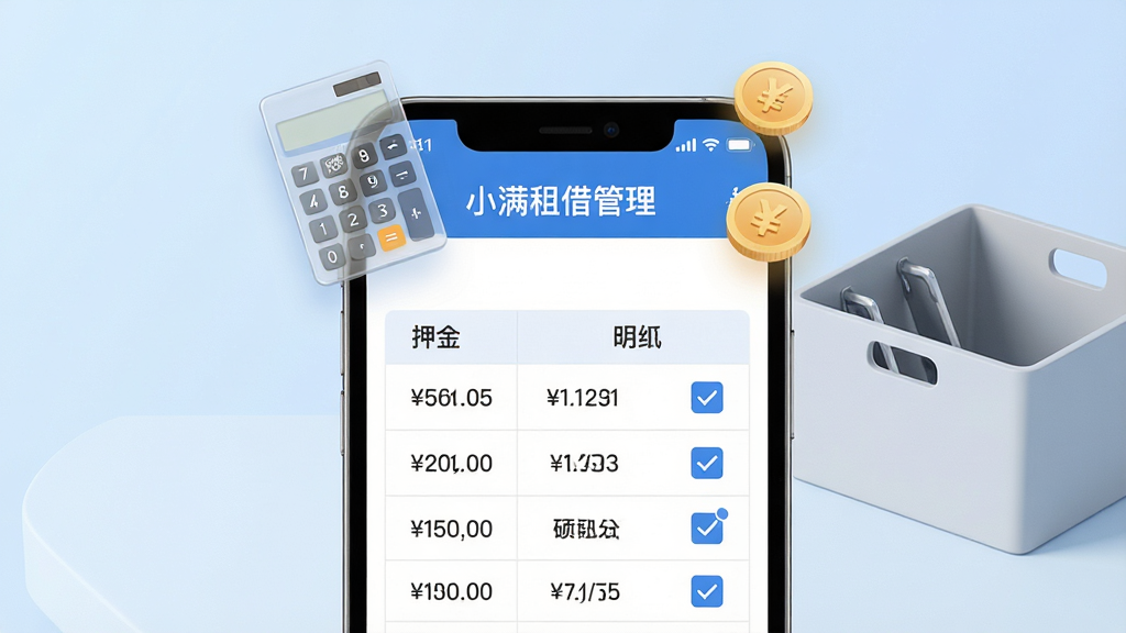 一张“小满租借管理”费用结算界面的功能展示图,画面中心为手机屏幕,屏幕内呈现押金与租金明细表格,表格行带有金额数字与勾选状态,屏幕上方漂浮半透明的计算器与钱币图标作为视觉点缀,背景为浅蓝色渐变并放置一个简约收纳盒,风格为商务感产品功能图,细节突出数字排版与勾选交互,画质高清,画面干净,无多余元素