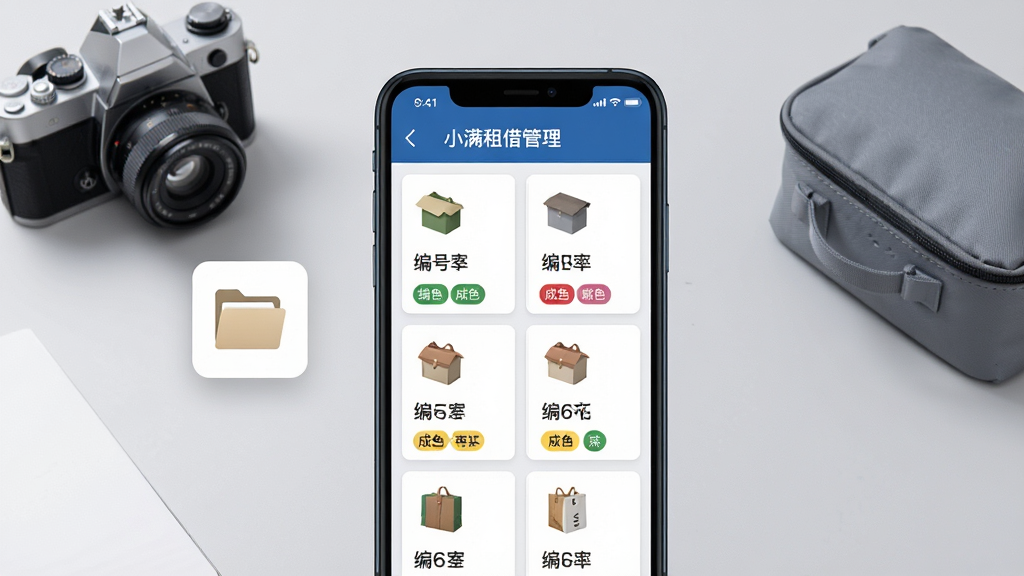 一张“小满租借管理”物品档案界面的功能展示图,画面中心为手机屏幕,屏幕内展示物品档案卡片网格,每张卡片带有物品图标、编号与成色标签,屏幕左侧悬浮一个文件夹图标,背景为浅灰色简约桌面并放置一台相机与一个收纳袋,风格为整洁的资料管理类产品图,细节突出卡片网格排列与标签色彩区分,画质高清,画面干净,无多余元素