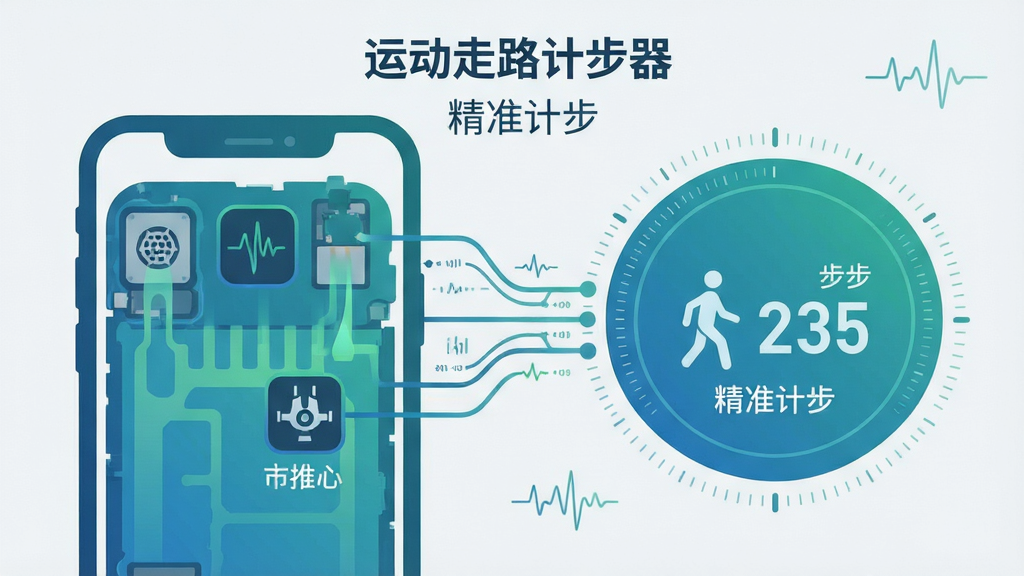 画面主体为手机内部传感器与计步算法关系的示意图风格插画,左侧绘制手机轮廓并标注加速度传感器与陀螺仪图标,右侧以数据流线条连接至一个圆形步数统计面板,面板上显示走路小人图标与递增的步数数字。整体采用扁平化科技插画风格,配色以蓝绿色渐变为主,背景为干净的浅灰白色,布局左右对称、层次分明,细节处加入细小的波形线与刻度元素,画质清晰锐利,画面中文字使用中文标注“运动走路计步器”与“精准计步”,整体干净整洁无多余元素。
