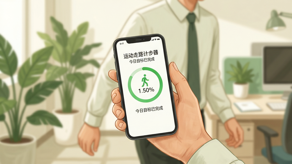 画面主体为一名年轻上班族在办公室起身走动的小场景,人物手持手机,手机屏幕上显示运动走路计步器的目标进度环已达到百分之百并呈现完成状态,周围有绿植与办公桌作为环境点缀。画面采用温暖写实的插画风格,色调以浅绿与米白为主,构图聚焦人物手部与手机屏幕,背景适度虚化,细节表现自然,画质干净清晰,屏幕中文字使用中文标注“运动走路计步器”和“今日目标已完成”,整体画面无杂乱元素。