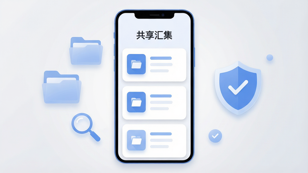 画面中央放置一部竖屏安卓手机,手机屏幕上显示简洁的资源分类卡片列表界面,顶部有“共享汇集”四个中文字,手机左侧漂浮几个半透明的文件夹图标和放大镜图标,右侧有一个盾牌形状的安全标识,整体布局为居中对称构图,风格为扁平化现代UI插画,细节包括柔和的蓝白配色、圆角卡片、细微的投影层次,画质清晰干净,无多余装饰元素,背景为浅灰色渐变