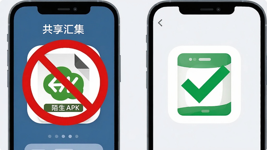 一部手机屏幕显示“共享汇集”应用界面,屏幕旁边有一个红色的禁止符号覆盖在陌生APK文件图标上,另一侧有一个绿色对勾标识覆盖在正规安装包图标上,布局为左右对比构图,风格为提示类扁平插画,细节包括红色与绿色的鲜明对比、图标边缘圆角处理、背景为浅灰白色,画质干净清晰,无多余文字和装饰
