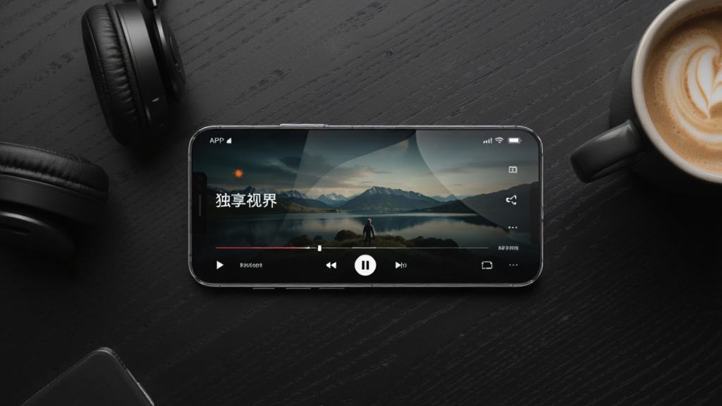 一部智能手机横屏放置在深色木质桌面上,屏幕中显示“独享视界”APP的播放界面,画面为电影感风景海报,手机旁边摆放一副耳机和一杯咖啡,整体布局居中对称,风格为现代数码产品摄影,细节包含屏幕反光、桌面纹理、柔和侧光,画质清晰干净,无多余元素