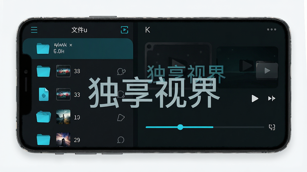 手机屏幕中左侧显示本地文件夹列表,右侧显示在线播放进度条,界面元素以深色背景搭配青蓝色高亮,画面中央有“独享视界”字样水印,布局为左右分栏,风格为UI界面展示图,细节包含图标、进度条、文件缩略图,画质清晰干净