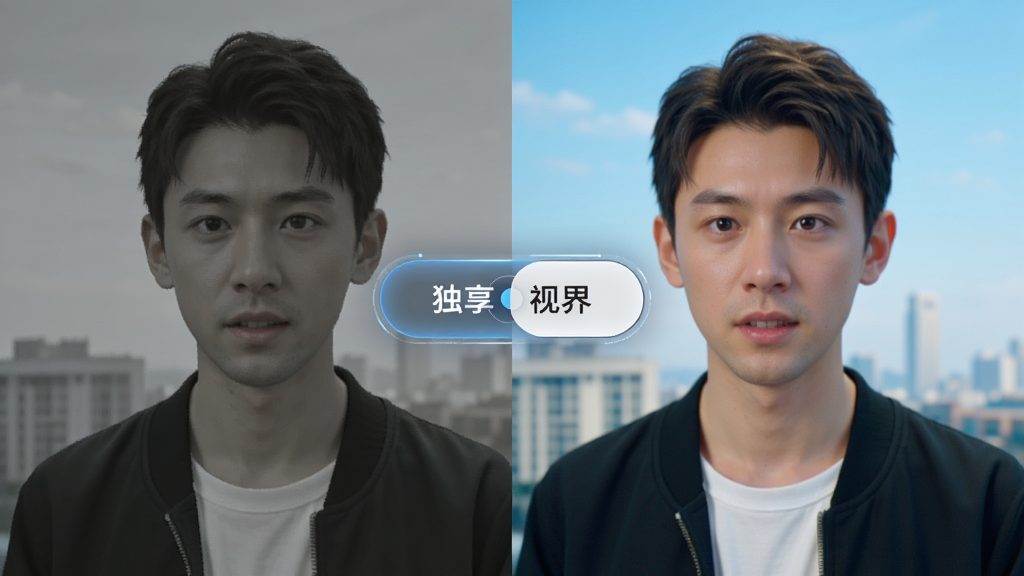 分屏对比图,左侧为普通画质画面偏灰,右侧为增强后画面色彩饱满锐利,中间有“独享视界”标识的切换按钮,布局为左右对比,风格为科技评测配图,细节包含画面纹理差异、按钮高光,画质清晰干净