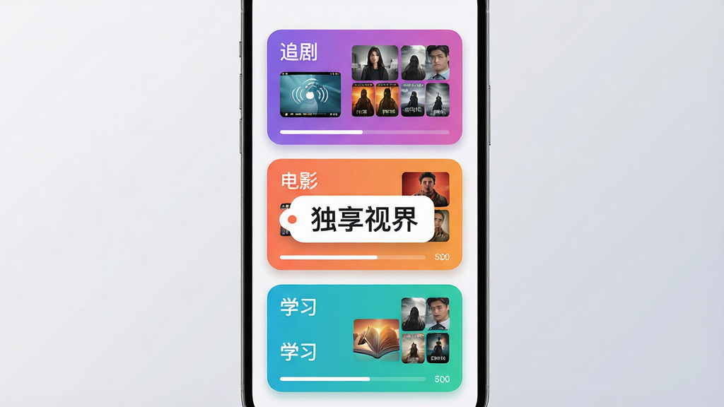 手机界面展示三个彩色片单卡片,分别标注“追剧”“电影”“学习”,卡片上有缩略图拼贴和进度条,背景为浅灰渐变,中央漂浮“独享视界”文字标签,布局为纵向卡片流,风格为扁平化UI设计图,细节包含卡片阴影、圆角、图标,画质清晰干净