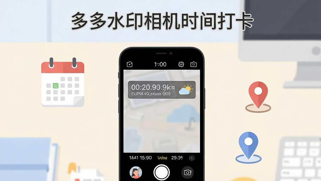 画面上方居中位置放置“多多水印相机时间打卡”软件名称文字,主体是一部智能手机屏幕内展示水印相机拍摄界面,画面中有清晰的时间地点水印条,背景为简洁的浅色办公桌面,布局上手机居中、周围点缀日历图标与定位图标,风格为清爽扁平化UI插画,细节包含水印文字框、拍摄按钮、天气小图标,画质清晰干净,无多余装饰元素
