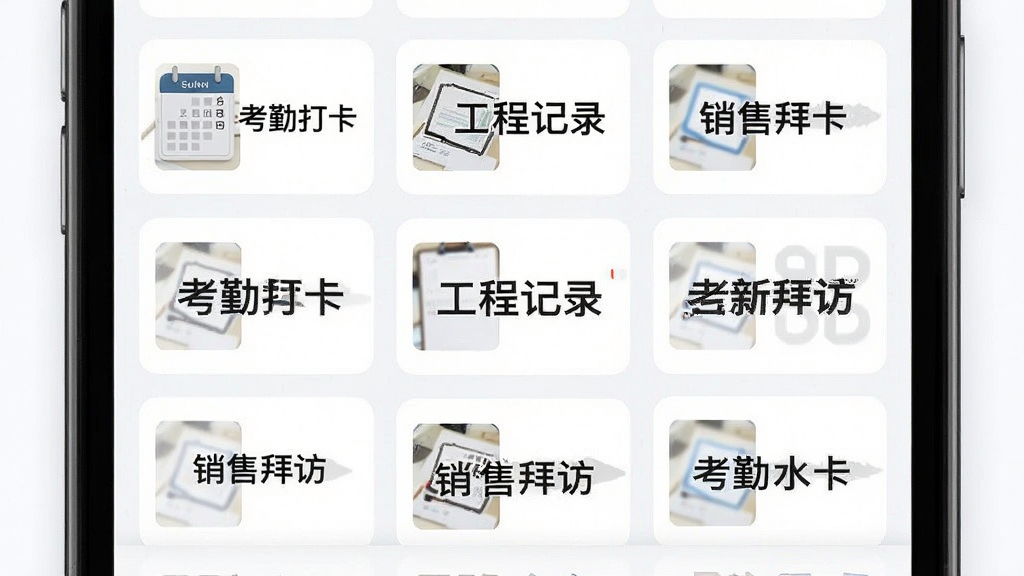 画面展示手机屏幕内排列着多个水印模板卡片,卡片上分别标注“考勤打卡”“工程记录”“销售拜访”等文字,布局为网格状平铺展示,风格为清新浅色UI界面,细节包含每张卡片的缩略预览图与水印样式差异,画质清晰干净,无多余背景装饰
