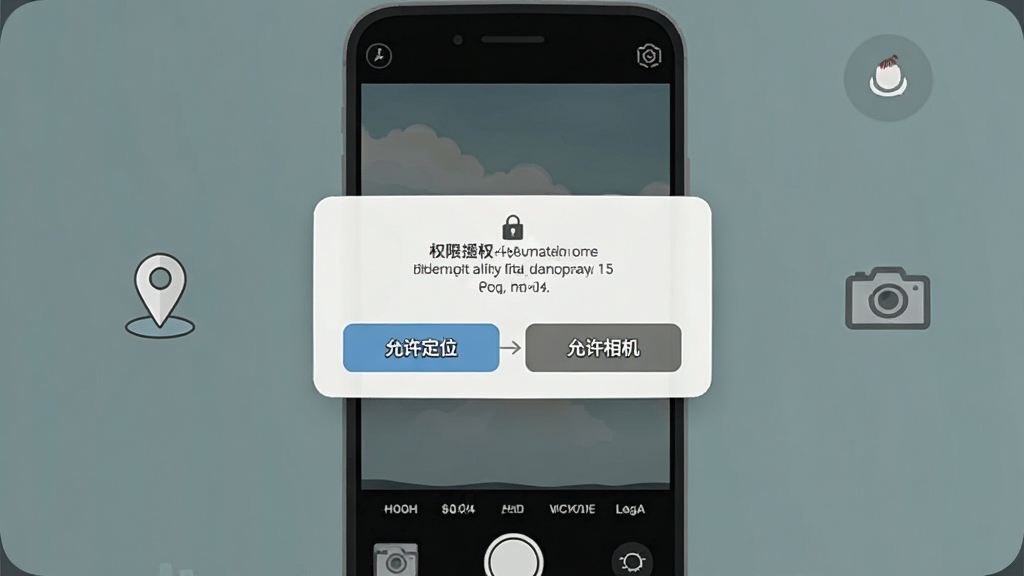 画面为一部手机屏幕显示水印相机拍摄界面,屏幕上弹出权限授权提示框,旁边有定位图标与相机图标,布局上手机居中、提示框位于屏幕中央,风格为扁平化操作指引插画,细节包含“允许定位”“允许相机”按钮文字、权限小锁图标,画质清晰干净,无多余装饰