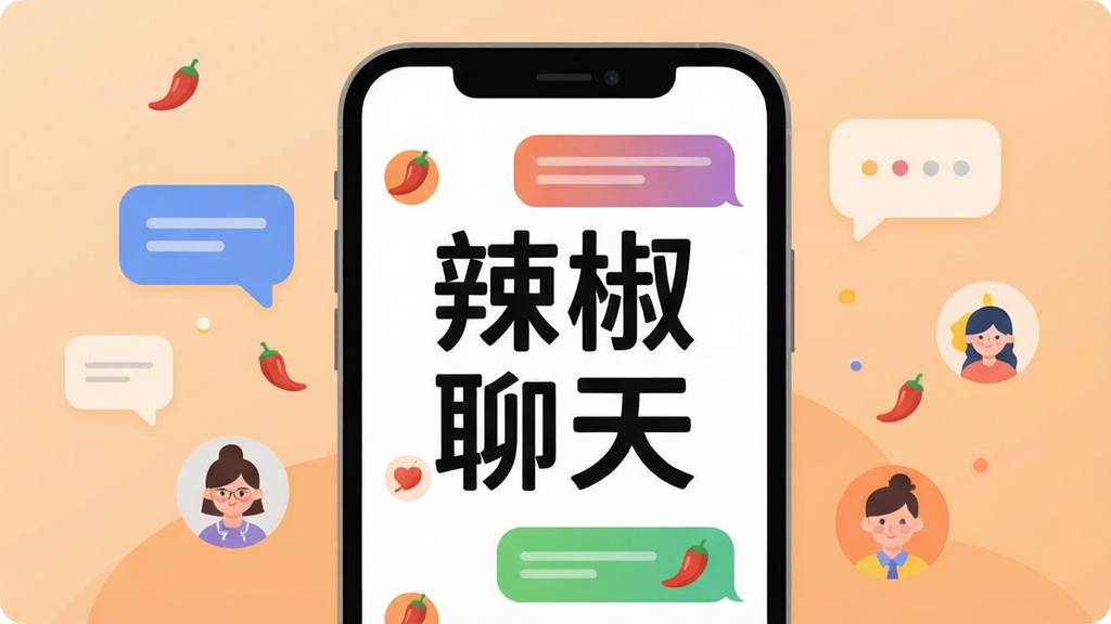 画面中央放置一部智能手机,手机屏幕上显示“辣椒聊天”四个大字的聊天应用界面,界面中有彩色聊天气泡和辣椒形状的图标,手机两侧漂浮着简约的对话气泡和联系人头像,背景为干净的浅橙色渐变,整体采用扁平化UI插画风格,细节上突出圆角图标与清晰文字排版,画质清晰干净,无多余装饰元素