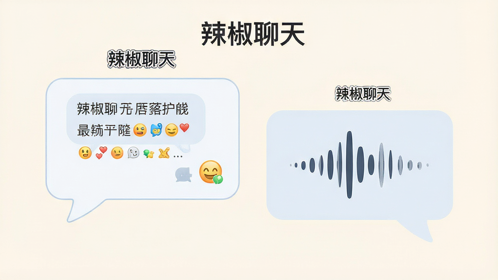 画面主体为两个悬浮的聊天气泡,左侧气泡内是文字消息与表情符号,右侧气泡内是声波图标代表语音通话,气泡上方标注“辣椒聊天”字样,布局左右对称、层次分明,风格为清爽的扁平插画,细节上声波线条细腻、气泡边缘圆润,背景为浅色纯色,画质干净清晰,无多余元素