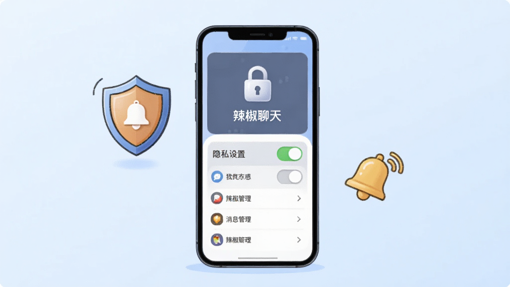 画面中央是一部手机,屏幕显示隐私设置开关面板与消息管理列表,面板上有锁形图标与“辣椒聊天”文字,手机旁边漂浮盾牌与小铃铛图标,布局居中对称,风格为简洁科技插画,细节上开关按钮立体感适度、图标线条干净,背景为浅蓝色渐变,画质清晰无多余元素