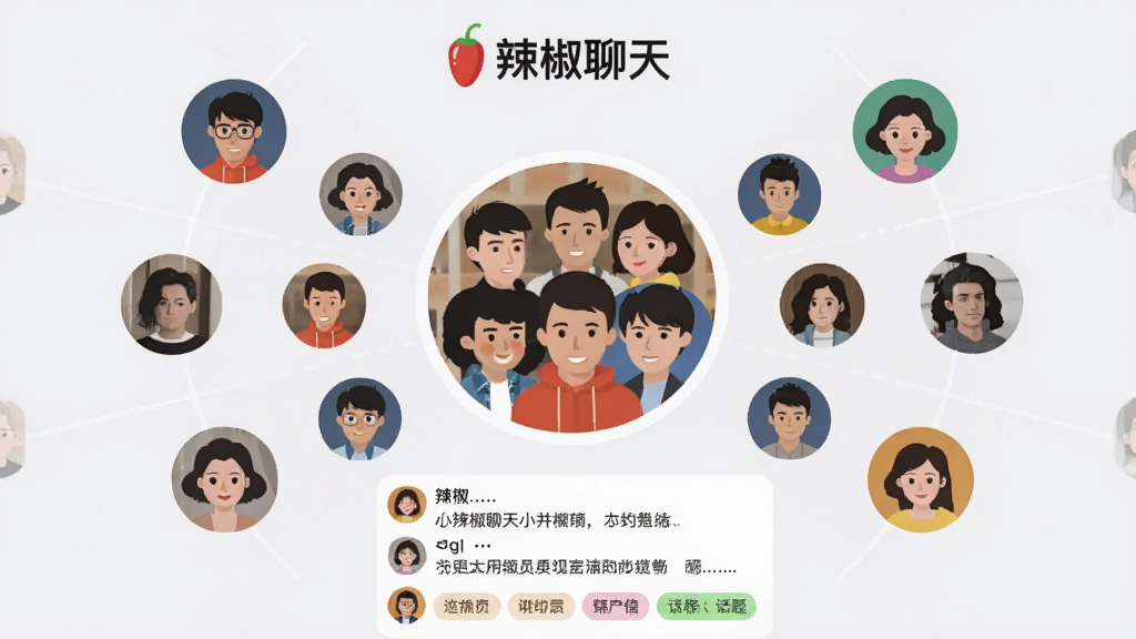 画面中央是一个圆形群组头像,周围环绕多个小头像代表群成员,下方是群聊消息列表与话题标签,画面顶部有“辣椒聊天”文字标识,布局呈放射状结构,风格为现代扁平化设计,细节上头像边框清晰、消息列表整齐,背景为淡灰色,画质干净无杂乱元素