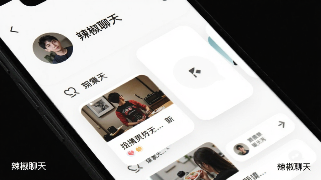 画面展示一个手机个人主页界面,上方为圆形头像与昵称区域,下方为动态卡片列表,卡片内含图片与文字,界面角落标注“辣椒聊天”,布局自上而下清晰分层,风格为简约卡片式UI,细节上卡片圆角柔和、图标线条简洁,背景为白色,画质干净明亮,无多余装饰